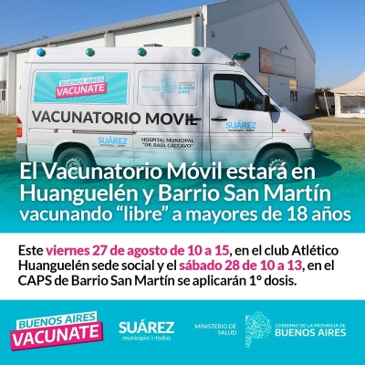 El Vacunatorio Móvil estará en Huanguelén y Barrio San Martín vacunando “libre” a mayores de 18 años