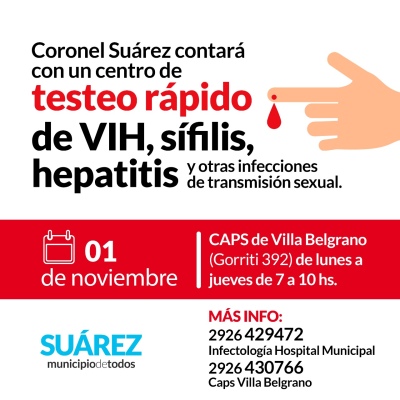 Habrá un centro de testeo rápido de VIH, sífilis, hepatitis y otras infecciones de transmisión sexual.