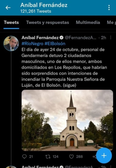 Desmienten al ministro de Seguridad Aníbal Fernández quien dijo que habían intentado quemar la Iglesia de El Bolson