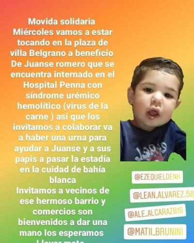 El miércoles, movida solidaria en Villa Belgrano a beneficio de Juanse Romero