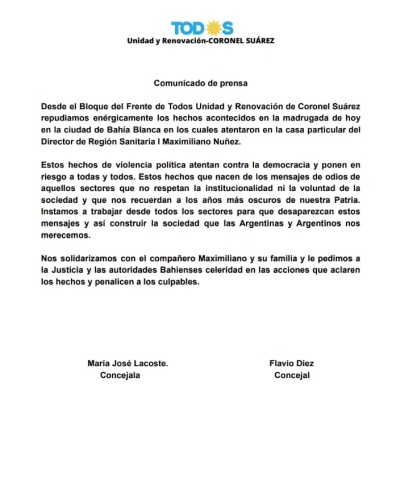 El bloque del Frente de Todos Unidad y Renovación repudió el ataque al doctor Maximiliano Nuñez