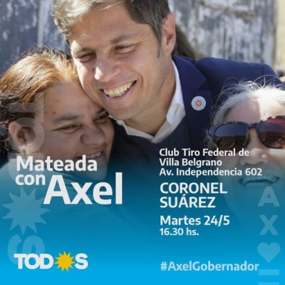 El Movimiento para la Victoria anuncia que Axel Kicillof llegará el martes a Suárez para tomar mate en Villa Belgrano