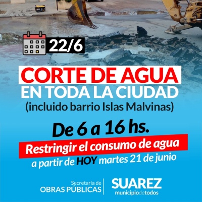 MAÑANA: Corte de agua en toda la ciudad incluido barrio Islas Malvinas