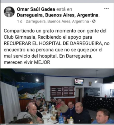 Malestar del Club Gimnasia de Darregueira contra Omar Saúl Gadea por presunto abuso de confianza y uso político de una foto