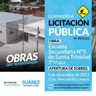 El 5 de diciembre abren los sobres para la segunda etapa de construcción de la Secundaria 5 de Santa Trinidad