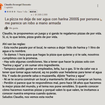 Una pizzería de Rosario le propuso un inusual juego a un cliente enojado: “Si ganás, te regalamos pizzas de por vida”