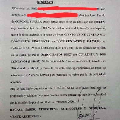 Fuerte multa a un vecino de Santa Trinidad porque su perro atacó a una persona