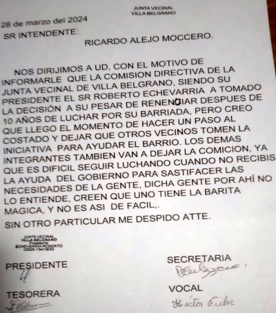 Por falta de apoyo municipal, renunció en pleno la Junta Vecinal de Villa Belgrano