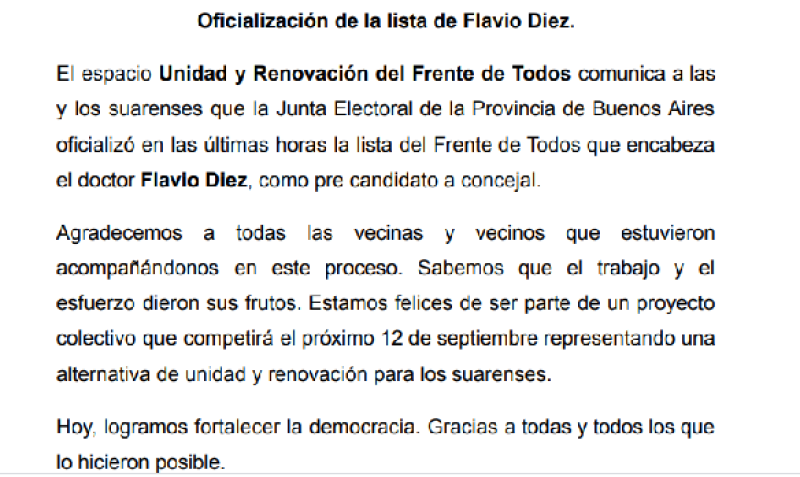 ULTIMO MOMENTO: La justicia electoral autorizó la participación de la lista de Flavio Diez en las elecciones