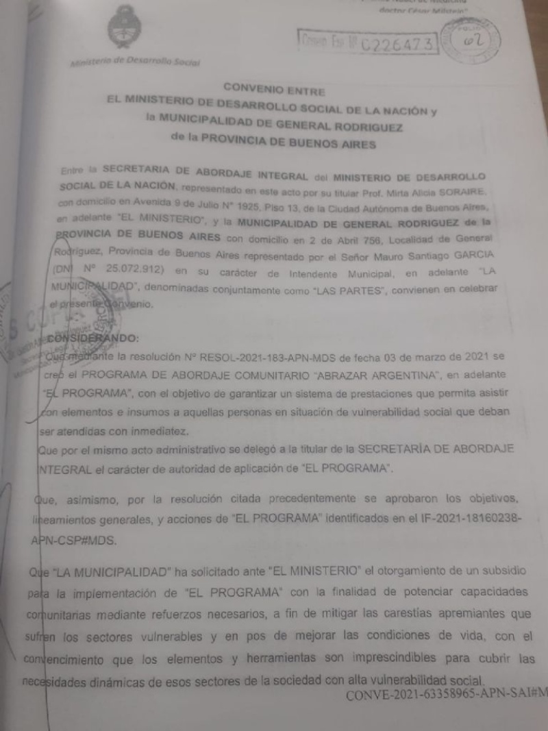 convenio entre el Ministerio de Desarrollo Social y la Municipalidad de Gral. Rodríguez: 