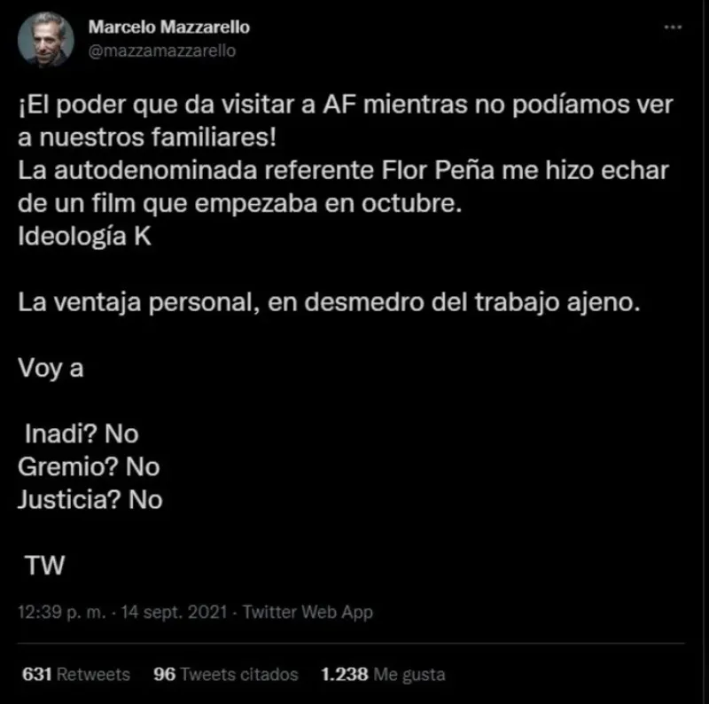 Marcelo Mazzarello denunció que Florencia Peña lo hizo echar de una película: “Ideología K”