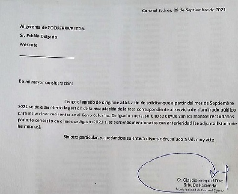 El municipio suarense dio marcha atrás con el cobro de la tasa de alumbrado al Barrio Cerro Ceferino.