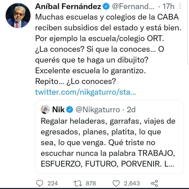 Nik denunciará a Aníbal Fernández por el tuit en el que publicó la escuela de las hijas del humorista