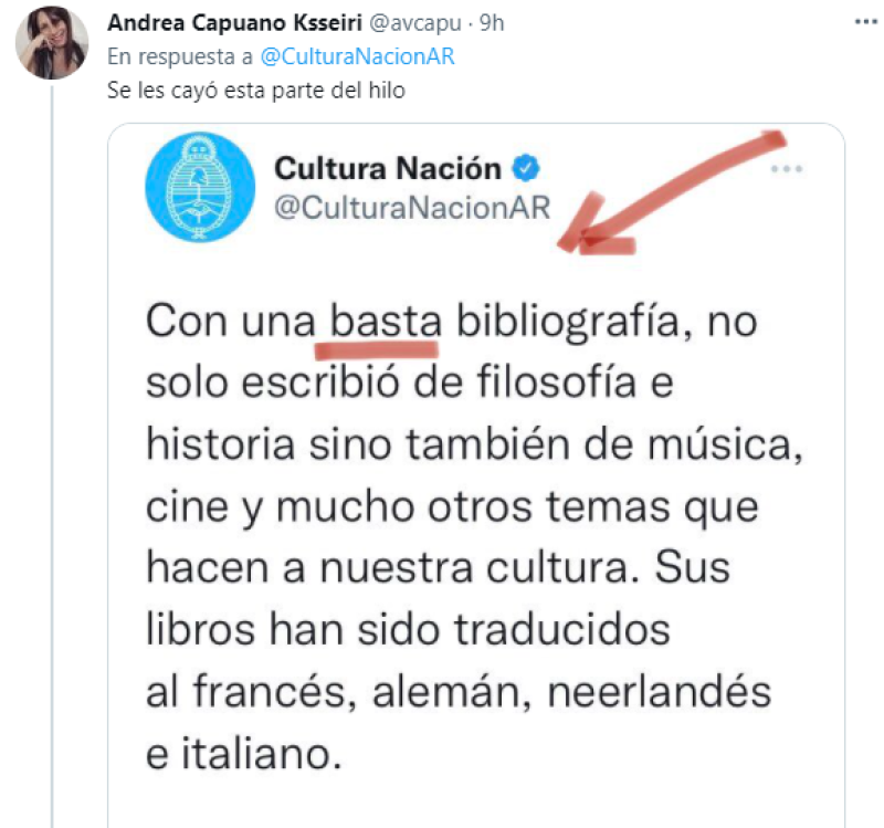 El error ortográfico del Ministerio de Cultura en la despedida de José Pablo Feinmann que causó críticas en redes