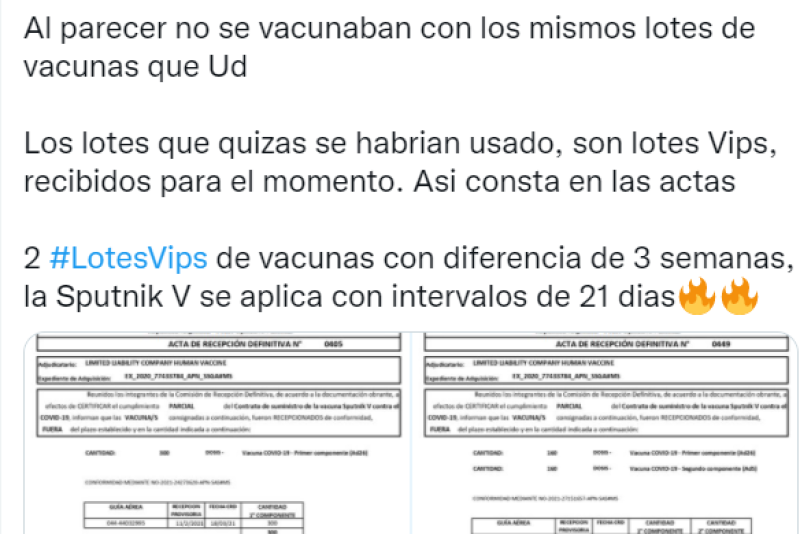 Según el portal Tribuna de Periodistas: Escándalo: el gobierno utilizó un lote especial de Sputnik V para el vacunatorio VIP