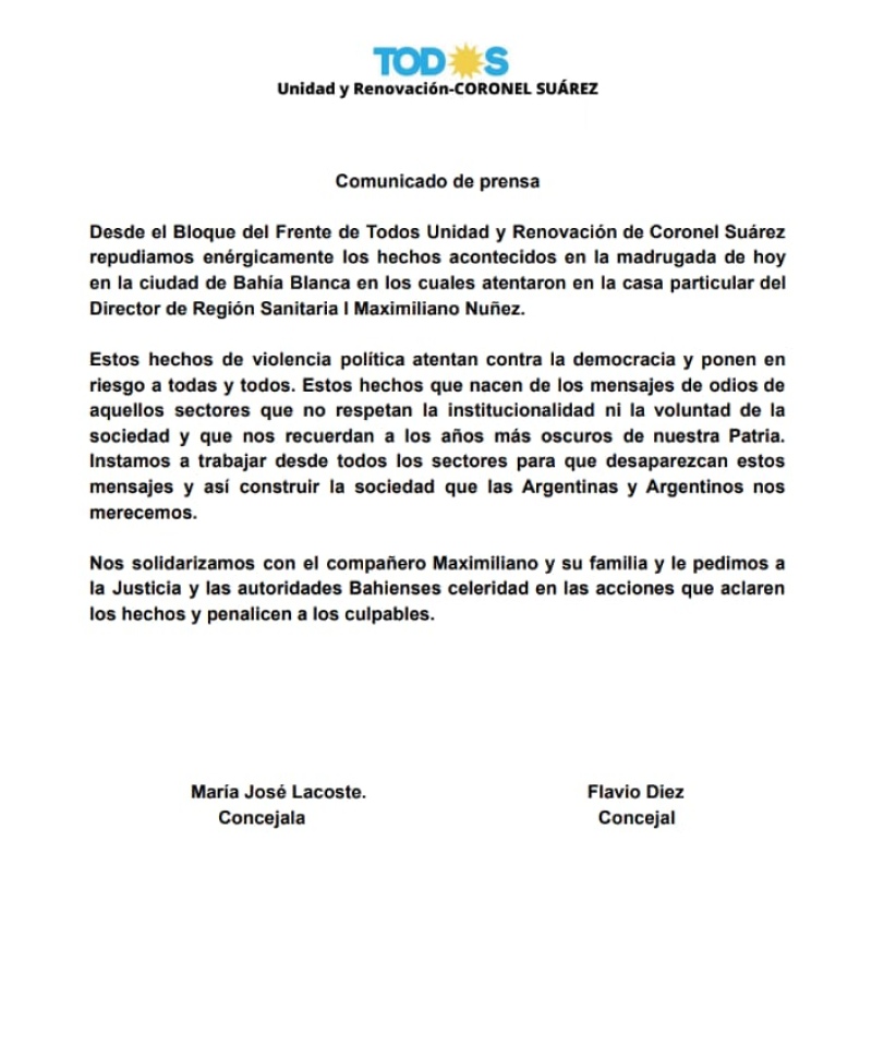 El bloque del Frente de Todos Unidad y Renovación repudió el ataque al doctor Maximiliano Nuñez