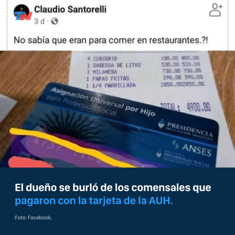 Pagaron una cena con la tarjeta de AUH y el dueño se burló: “No sabía que eran para un restaurante”