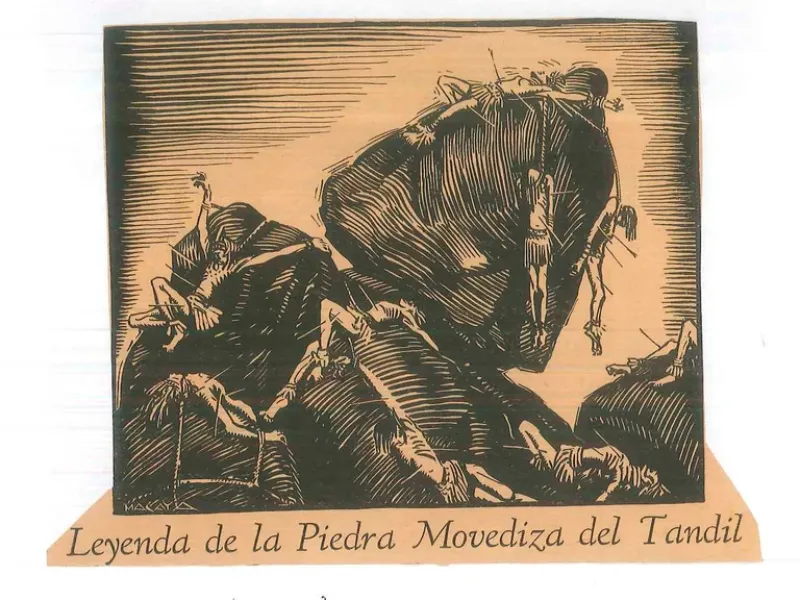 Viñeta publicada por la revista Caras y Caretas que ilustra una de las leyendas tejidas en torno de la Piedra Movediza