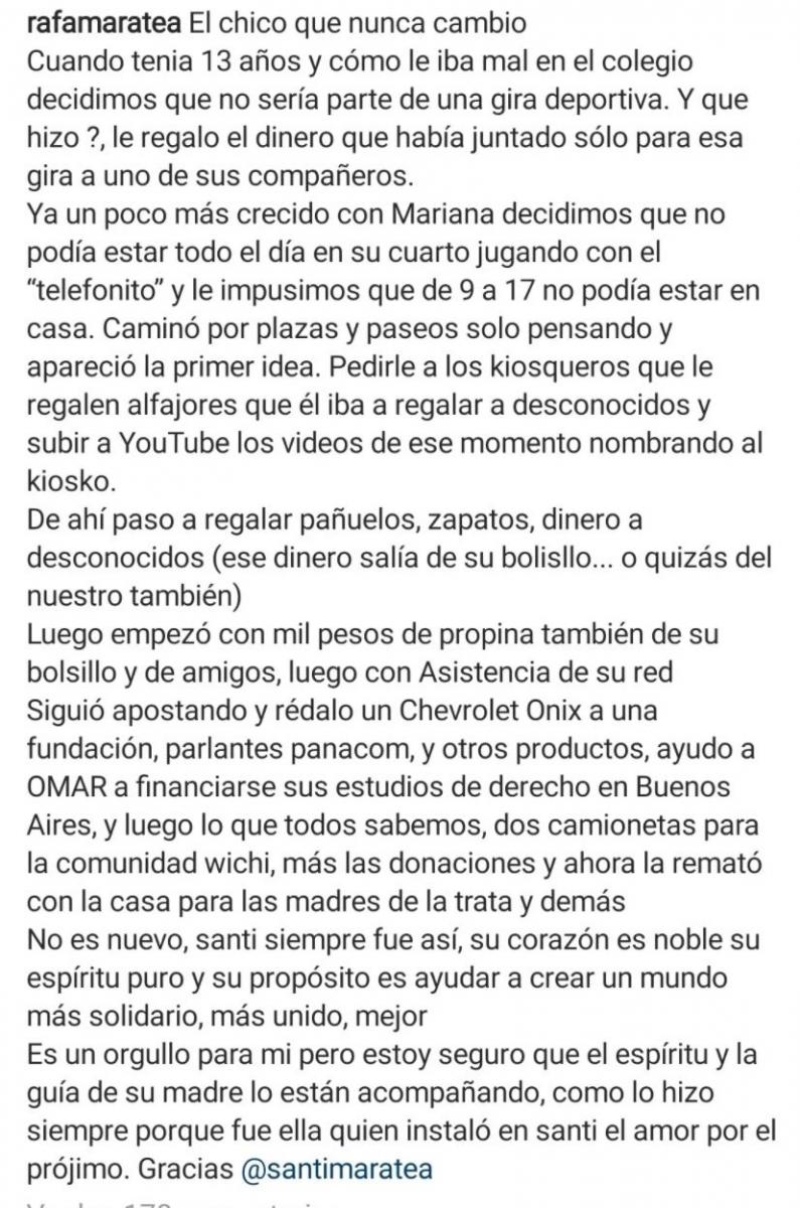 El papá de Santi Maratea reveló cómo nació el espíritu solidario de su hijo