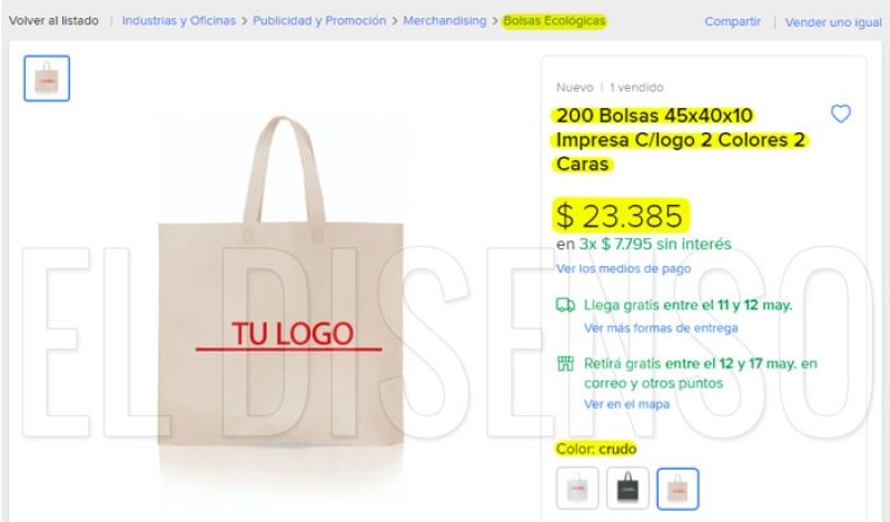 Bolsas Ecológicas en MELI a $116.9 c/u 