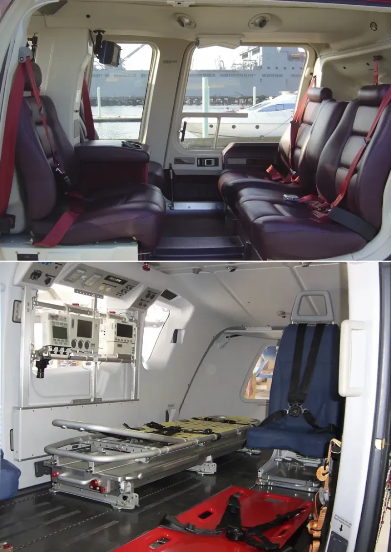 El interior de un Bell 407 F versus el interior de un helicóptero de uso exclusivamente sanitario