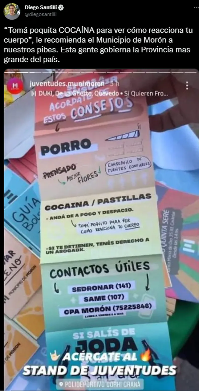 “Tomá poquita cocaína para ver como reacciona tu cuerpo”: el insólito consejo del municipio de Morón que generó repudio