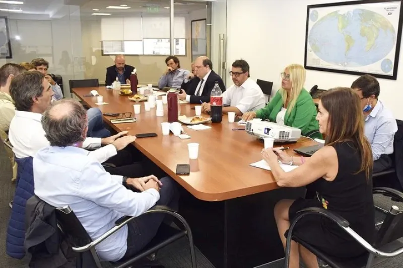 Paola Tamburelli, titular de la ANAC, de espaldas, escucha a Gonzalo Pérez Corral, de JetSmart, junto a Pablo Ceriani, titular de Aerolíneas (de corbata) y Mauricio Sana, de Flybondi (al fondo).