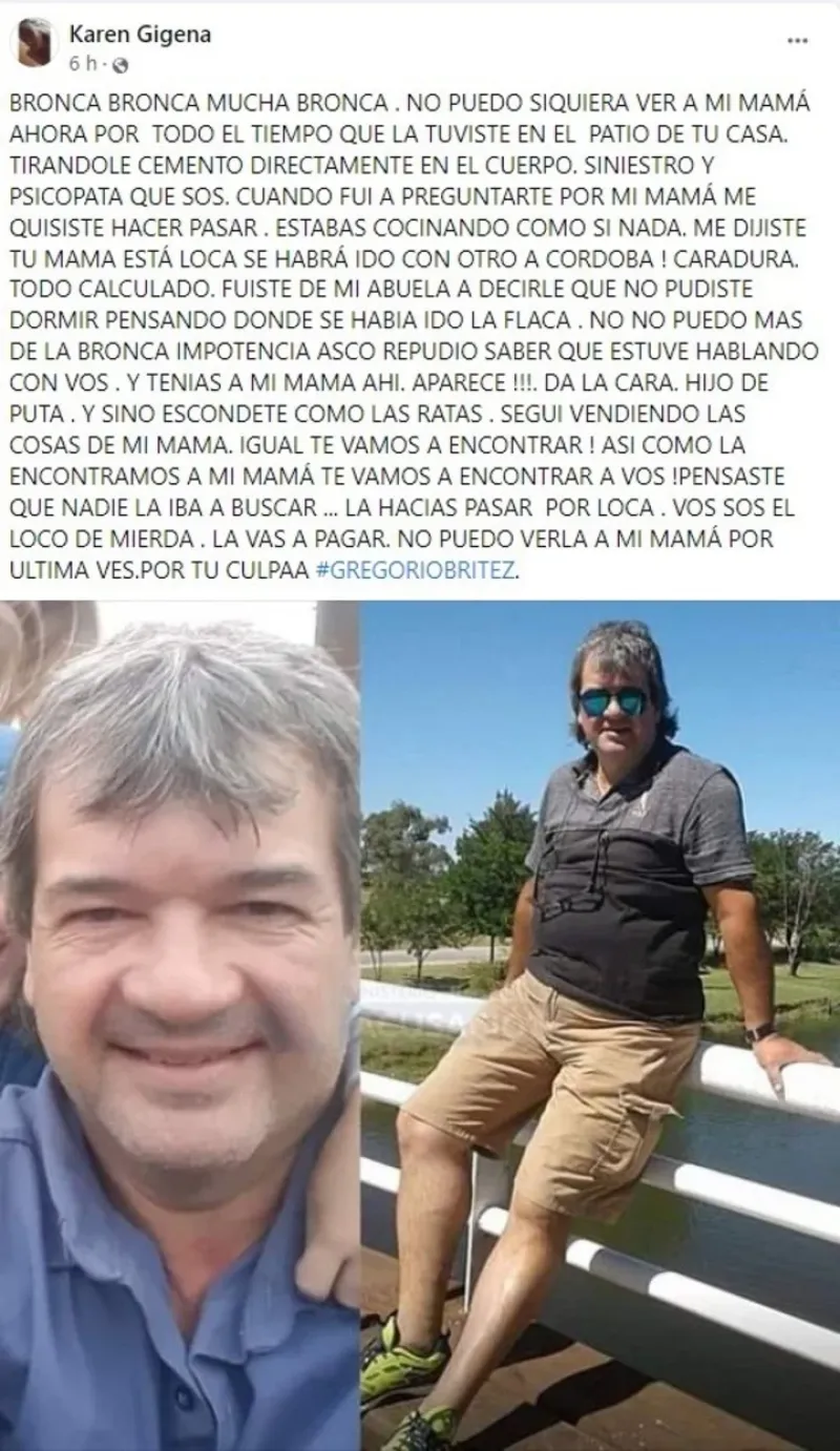 El posteo de la hija de Nora Laura Escobar (44), asesinada en Granadero Baigorria. Su marido, Gregorio Brítez (52), quedó detenido por el femicidio.