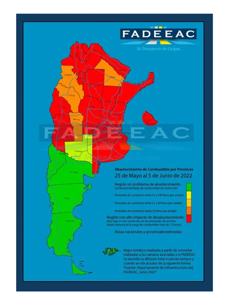 Al 5 de junio, esta era la situación de abastecimiento de gasoil según el relevamiento de Fadeeac