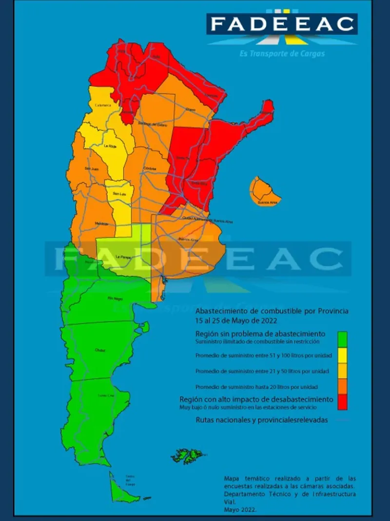 El relevamiento privado mostraba que el 25 de mayo pasado estas eran las regiones con más faltantes. La escasez de gasoil se generaliza