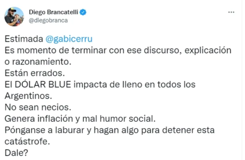 Diego Brancatelli estalló contra el Gobierno y lanzó un furioso reclamo por la suba del dólar