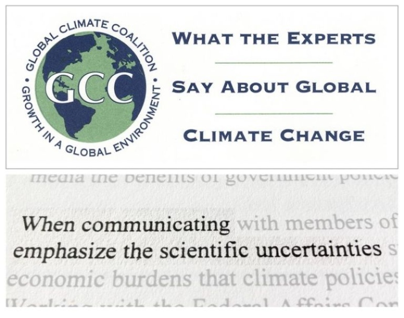 UN FOLLETO DE LA COALICIÓN GLOBAL POR EL CLIMA QUE DICE: ”A LA HORA DE COMUNICAR, HAY QUE HACER HINCAPIÉ EN LAS DUDAS QUE HAY EN EL ÁMBITO CIENTÍFICO SOBRE EL CAMBIO CLIMÁTICO”.