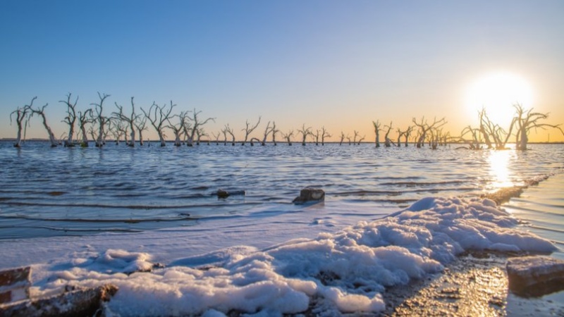 Inigualable: un manto blanco de sal tiñó la costa del lago Epecuén