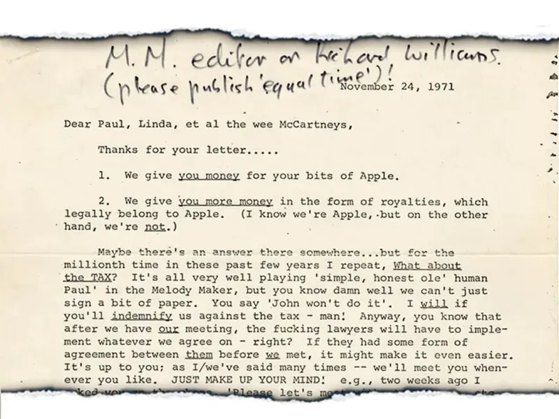 Sale a la venta una dura carta de John Lennon a Paul McCartney después de la separación de los Beatles