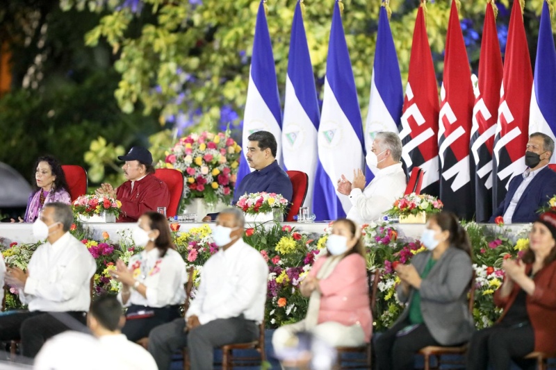 La vicepresidente de Nicaragua, Rosario Murillo, el presidente Daniel Ortega y sus pares de Venezuela, Nicolás Maduro y de Cuba Miguel Diaz-Canel en Managua en enero pasado