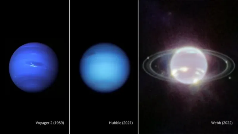  Neptuno observado por la sonda Voyager en 1989, por el telescopio espacial Hubble en 2021 y por el nuevo telescopio espacial James Webb en 2022 (NASA)