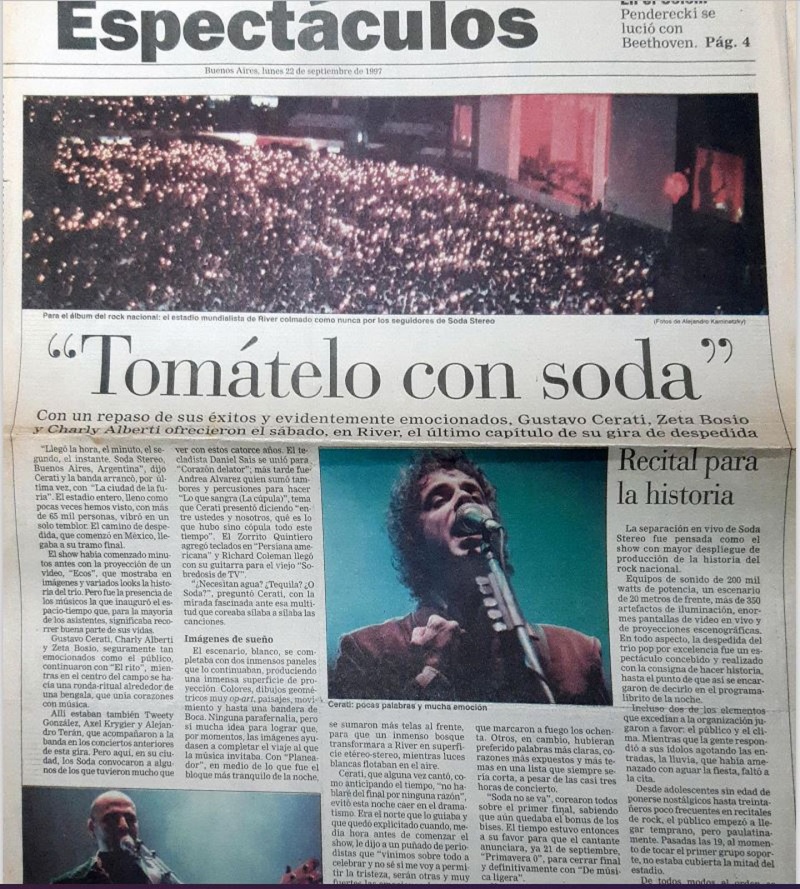 Soda Stereo, el ”Último concierto”, en la tapa de Espectáculos del diario La Nación.