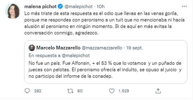 Malena Pichot se cruzó con Marcelo Mazzarello por “Argentina, 1985?: “Llevás odio en tus venas gorilas”