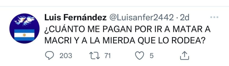 El mensaje intimidatorio de un usuario de Twitter que denunció la custodia de Mauricio Macri.