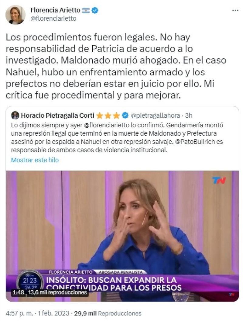 Florencia Arietto se disculpó con Patricia Bullrich por haberla cruzado por la seguridad: “Lo hice con buena fe”