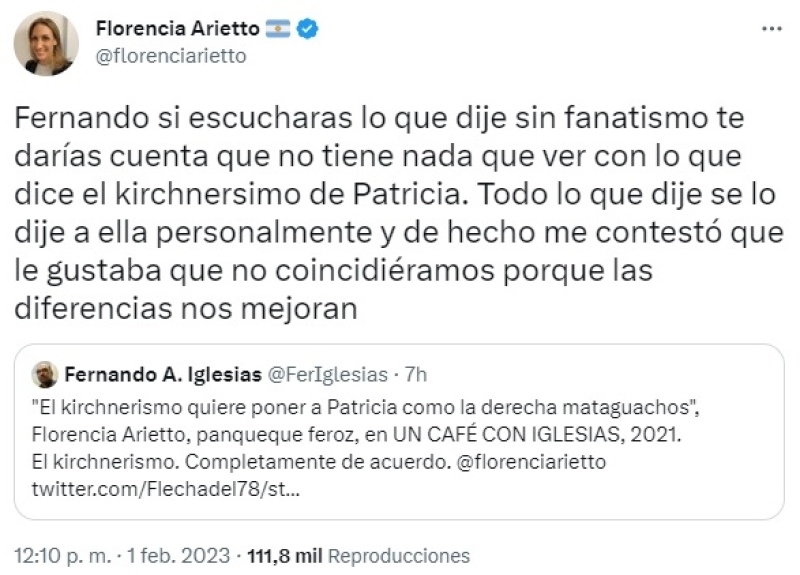 Florencia Arietto se disculpó con Patricia Bullrich por haberla cruzado por la seguridad: “Lo hice con buena fe”