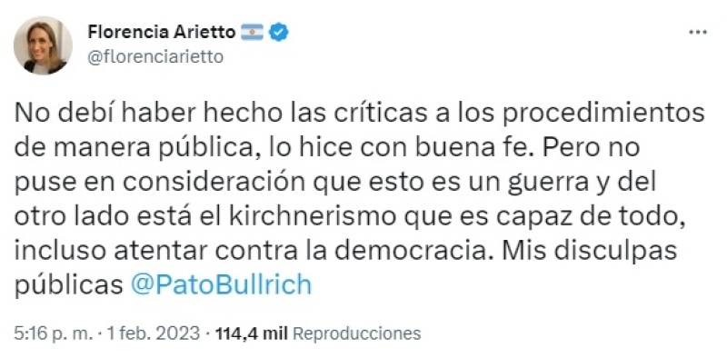 Florencia Arietto se disculpó con Patricia Bullrich por haberla cruzado por la seguridad: “Lo hice con buena fe”