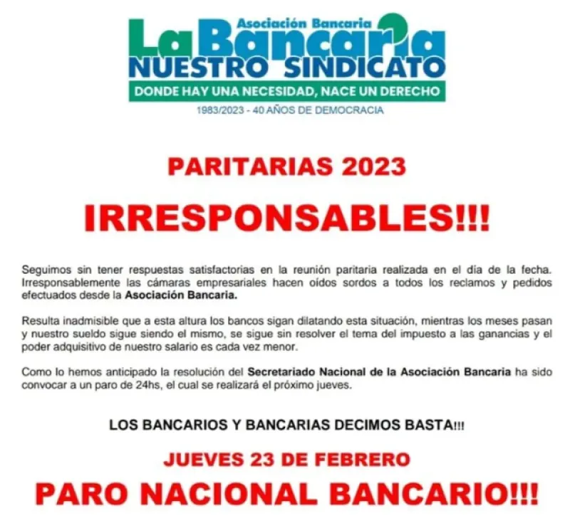 Confirman paro bancario y movilización en toda la Argentina para el jueves 23 de febrero