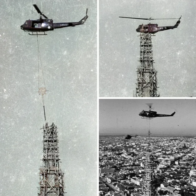 El momento de la colocación de la aguja sobre el templo de Santos Lugares que llevó adelante un helicóptero del Ejército Argentino