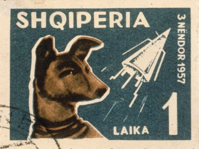 Una estampilla de Albania -país satélite de la URSS- de 1957 con Laika. El nombre albanés era Shqiperia