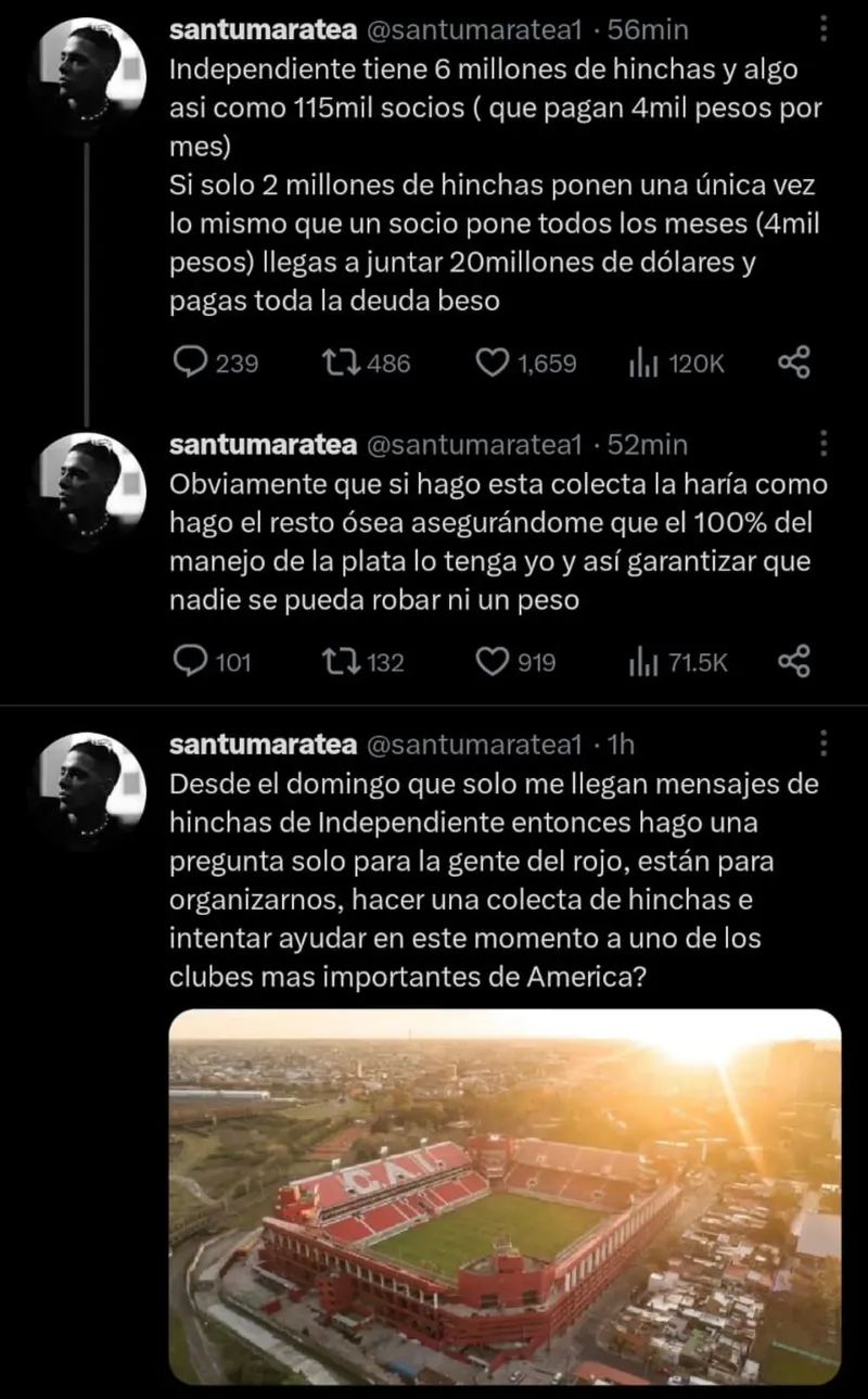  Los tuits de Santi Maratea contando su postura sobre la situación de Independiente. 