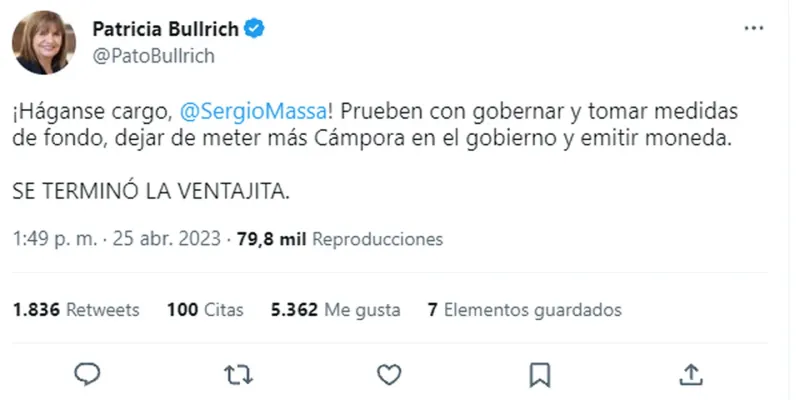 El tuit de Patricia Bullrich cuestionando la gestión del ministro Sergio Massa.