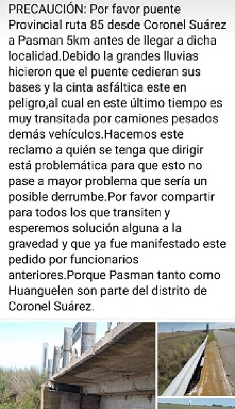 ¿Es seguro el puente de la ruta 85 cerca de Pasman?