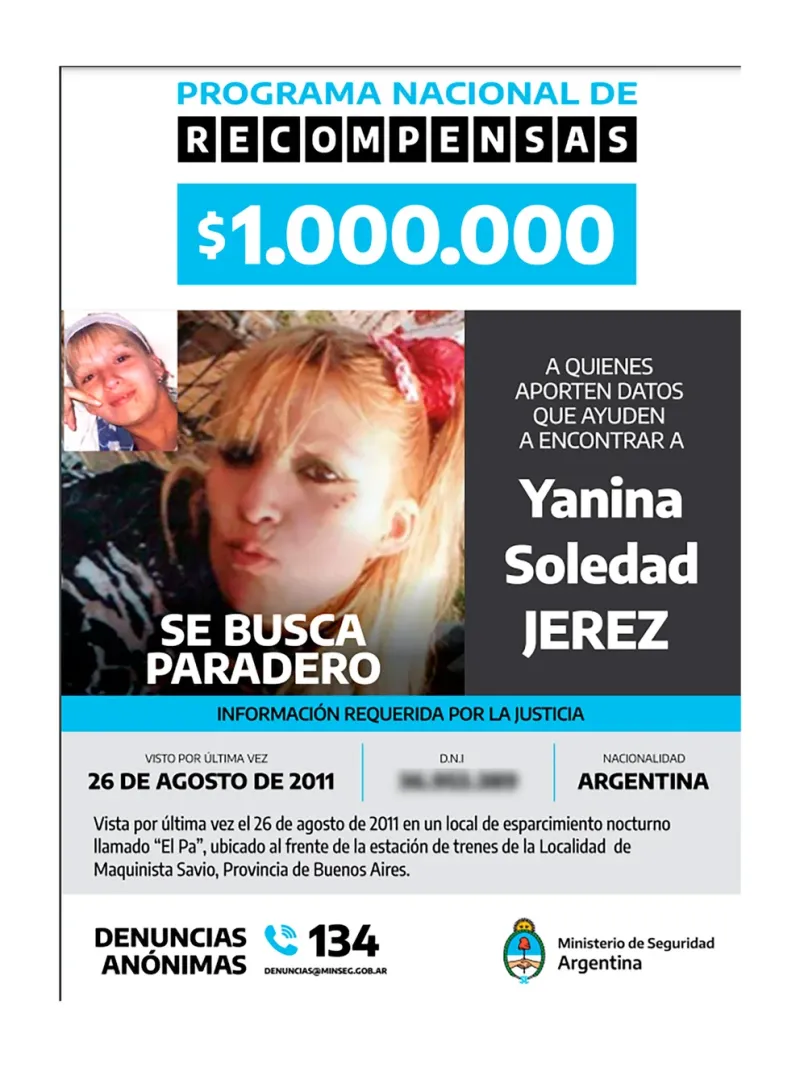  Por quien aportara información de Yanina Soledad Jerez, el Ministerio de Seguridad nacional emitió un pedido de recompensa de $1.000.000