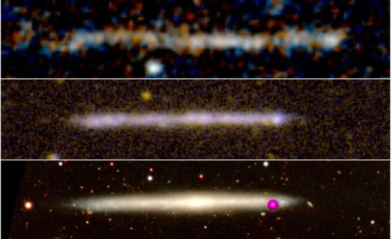  Arriba: Imagen del objeto observado con el Telescopio Espacial Hubble. Muestra la emisión en la parte ultravioleta del espectro. Medio: Imagen ultravioleta de una galaxia local sin protuberancia y observada de canto (IC 5249). Las similitudes son obvias.